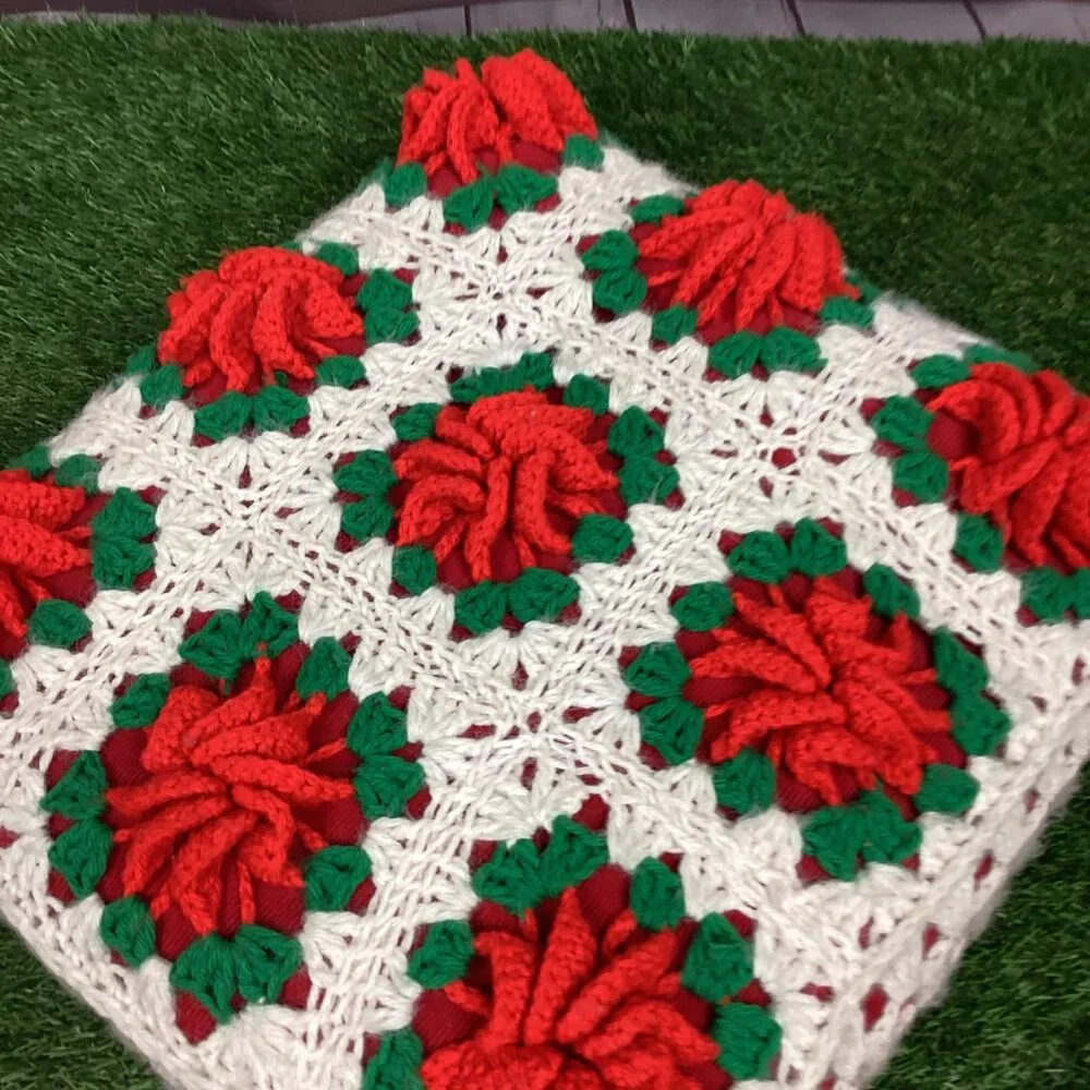 Vintage Crochet Rose Flower Pillow Raised